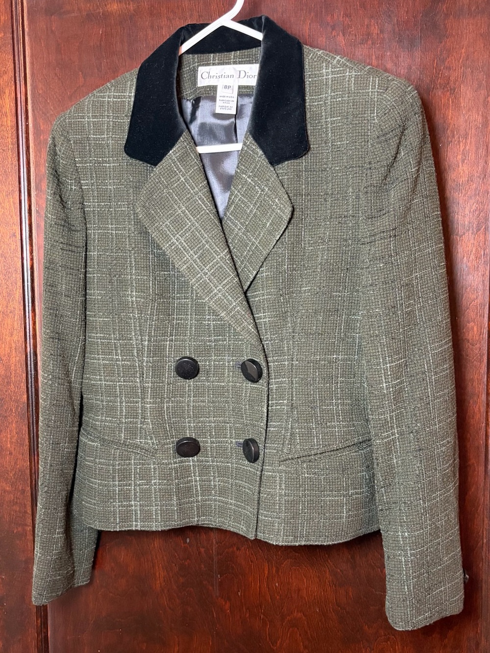 Vintage Christian Dior Women’s Jacket Green Tweed Wool Blend Blazer 80s 90s